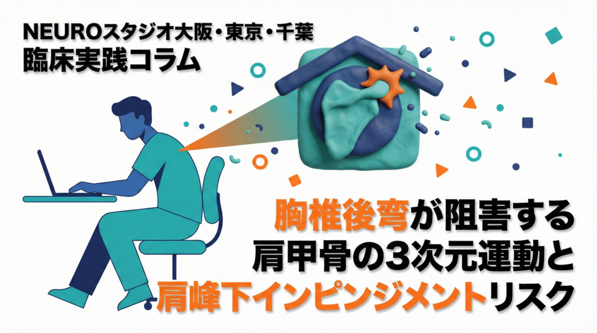 円背（猫背）姿勢でパソコン作業をする人物と、その姿勢が原因で肩関節内で骨が衝突（インピンジメント）している様子を示す3D粘土細工の図解。記事タイトル「胸椎後弯が阻害する肩甲骨の3次元運動と肩峰下インピンジメントリスク」のアイキャッチ画像。