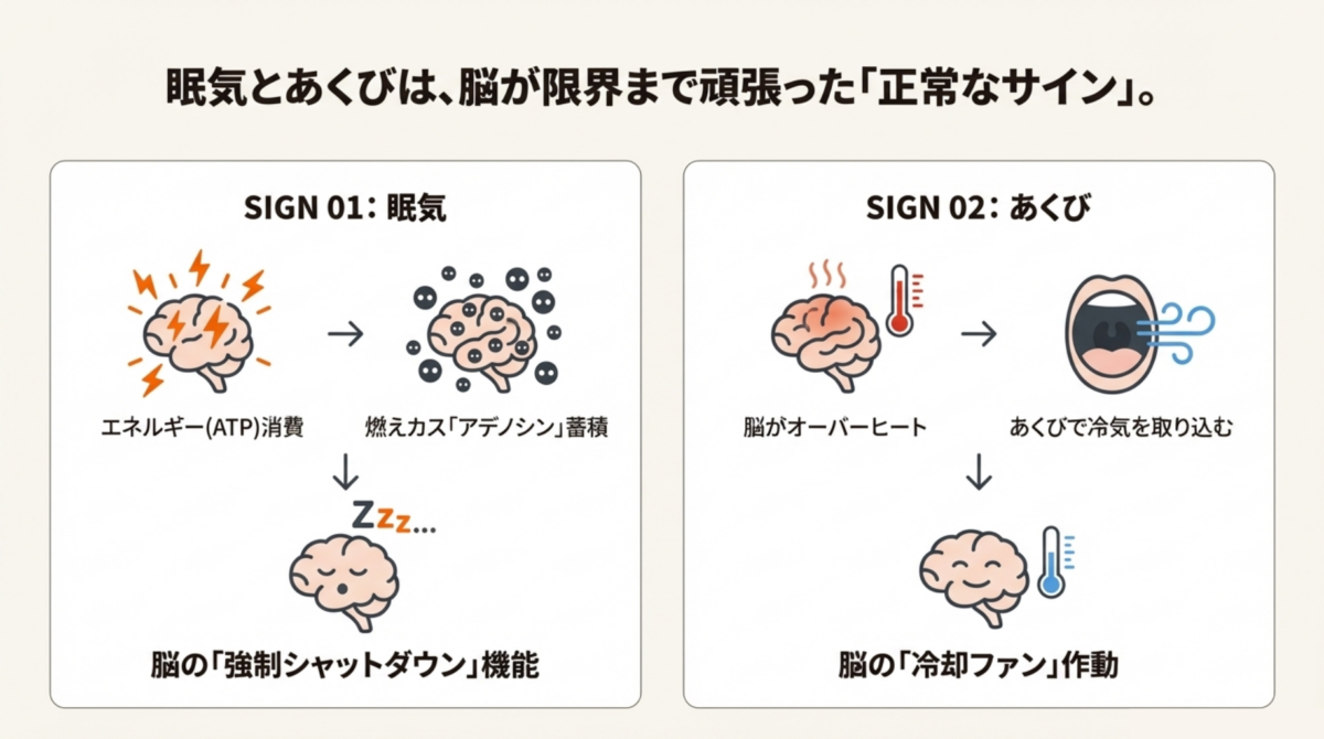 脳の冷却メカニズムの図解。あくびで冷たい空気を取り込み、オーバーヒートした脳内の血液温度を下げる様子。PCの冷却ファンと同じ役割を果たしている。