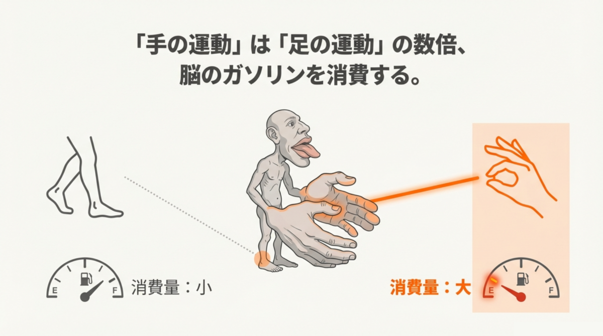 ペンフィールドの脳地図（運動野のホムンクルス）。足や胴体に比べて、手と指先の領域が極端に大きく描かれており、脳のエネルギー消費が大きいことを示す図。