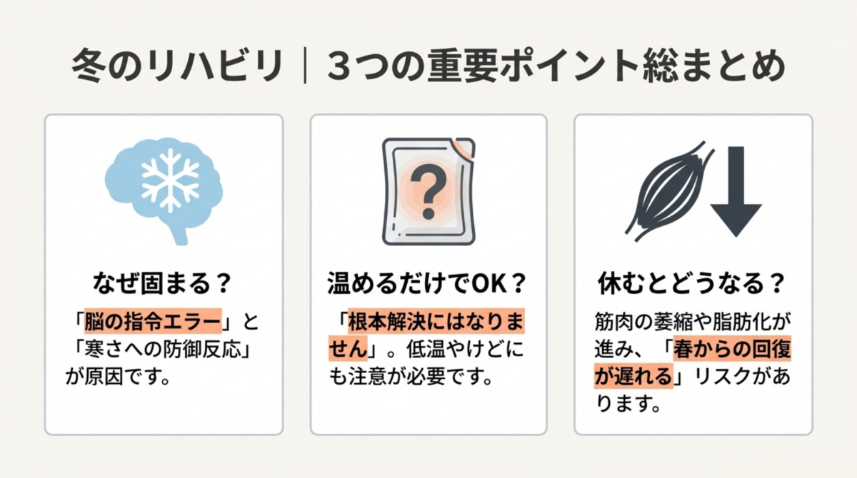 冬の脳卒中リハビリ重要ポイントまとめ。なぜ固まるのか、温めるだけで良いのか、休むとどうなるかについてのQ&A解説図