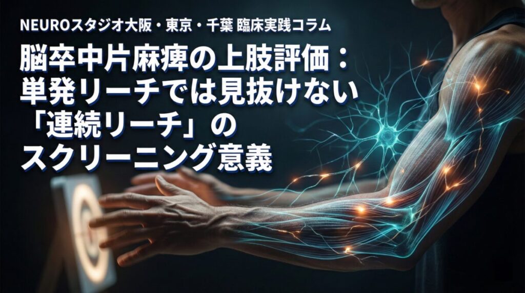 連続リーチ課題を用いた上肢機能評価のイメージ。単発の動作だけでなく、連続的な動きを観察することで、潜在的な体幹代償や運動制御の課題をスクリーニングする様子を表現しています。