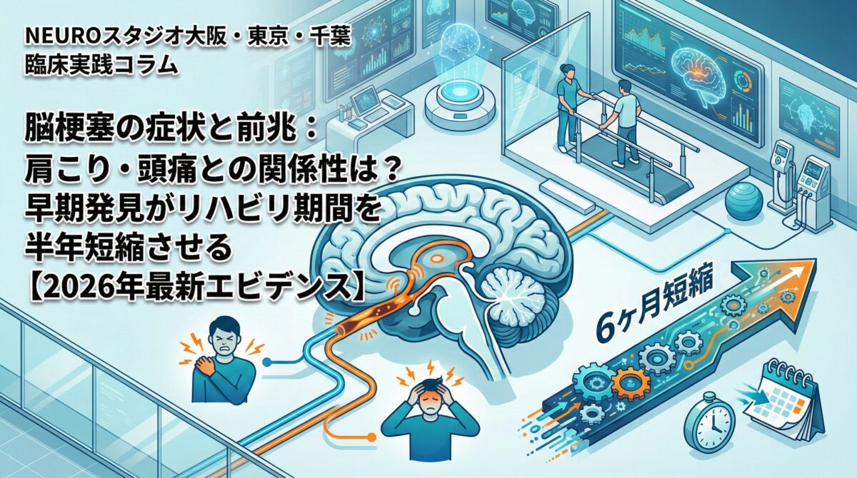 未来的な医療機関を背景にした、脳梗塞に関するインフォグラフィックのアイソメトリックな3Dイラスト。

左上には「NEUROスタジオ大阪・東京・千葉 臨床実践コラム」の文字があり、メインタイトルとして大きく「脳梗塞の症状と前兆：肩こり・頭痛との関係性は？早期発見がリハビリ期間を半年短縮させる【2026年最新エビデンス】」と記されている。

中央には、オレンジ色で閉塞部位が強調された脳の断面図がある。その下には、肩の痛みを訴える人物と頭痛を抱える人物のイラストがあり、それぞれの痛みが脳の閉塞部位とオレンジ色の線で繋がっている。右下には、時計、カレンダー、歯車のアイコンと共に上昇する大きな矢印があり、「6ヶ月短縮」という文字が強調されている。

背景には、リハビリ用トレッドミルで歩行訓練をする患者と療法士の様子や、脳波データなどを表示する複数のホログラムスクリーンが描かれており、先進的な医療現場の雰囲気が表現されている。全体は青とティール（青緑）を基調とし、重要な箇所に鮮やかなオレンジ色が使われている。